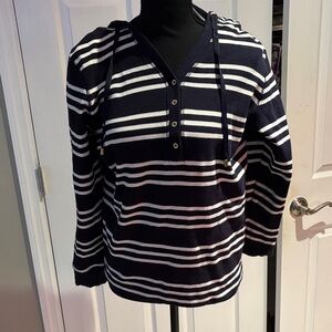 Charter Club Navy and White Striped V-Neck Sweater